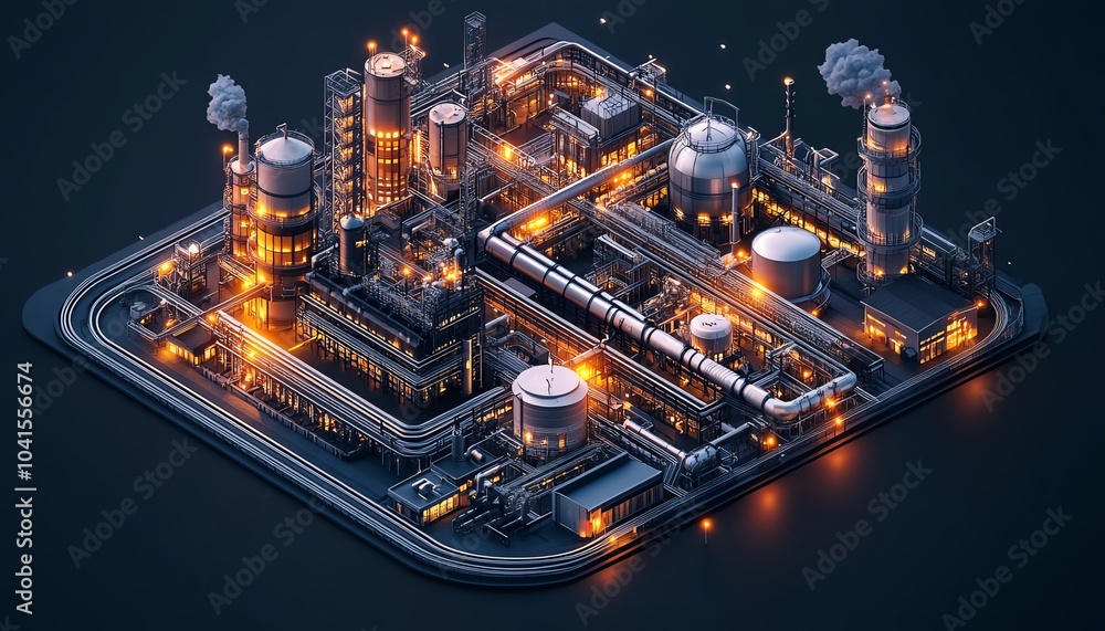Aufkleber engaging isometric 3d visualization of a factory complex, railway buildings, and pipelines, all depi