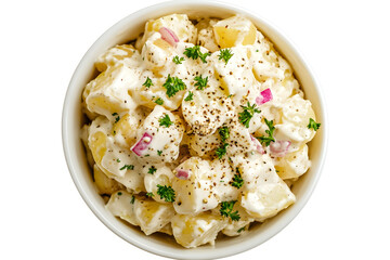 White bowl filled with creamy potato salad isolated on white