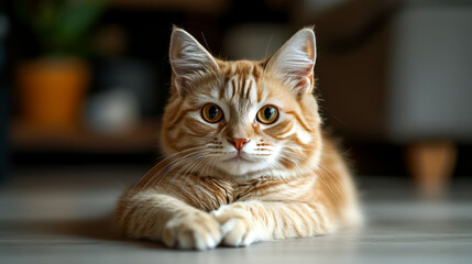 A ginger cat with white paws lies on the floor, looking directly at the camera with big, yellow eyes.