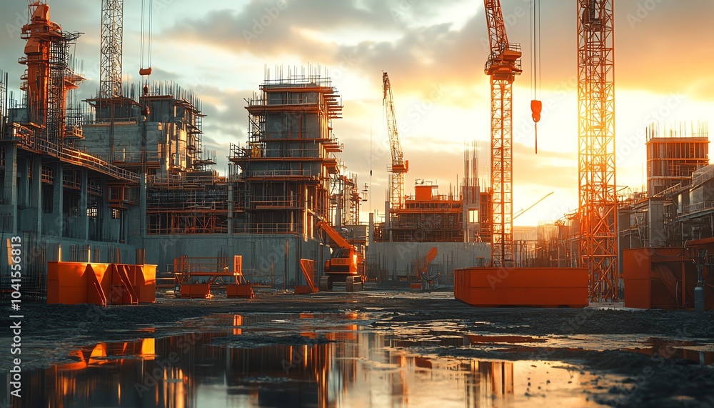 Poster Intricate 3D visualization of an industrial project, featuring construction elements such as cranes, scaffolding, and machinery in a vibrant setting