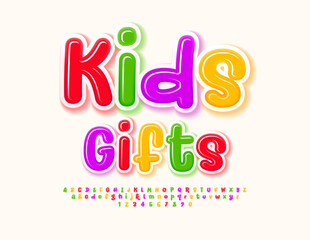 Vector colorful logo Kids Gifts. Children cute Font. Bright Alphabet Letters and Numbers set.