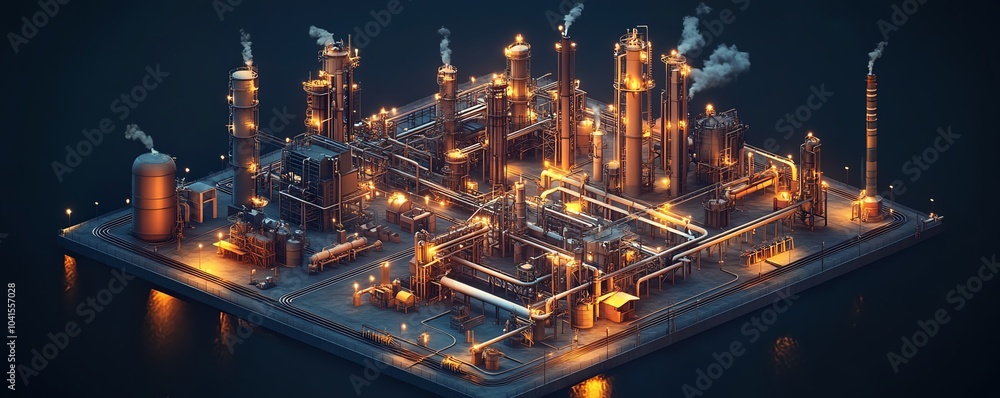 Aufkleber Intricate isometric view of a large factory complex in 3D, featuring railway buildings and pipelines, presented on a dramatic dark background