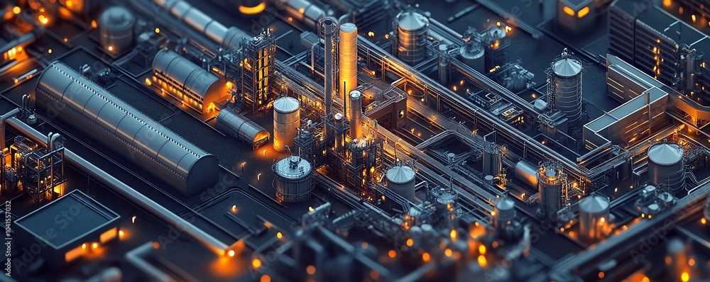 Aufkleber Intricate isometric view of a large factory complex in 3D, featuring railway buildings and pipelines, presented on a dramatic dark background