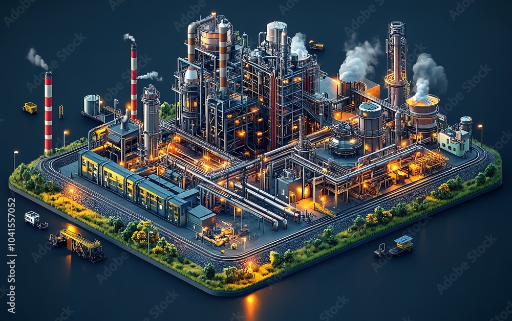 Poster modern 3d isometric illustration showcasing industrial infrastructure, emphasizing a large factory c