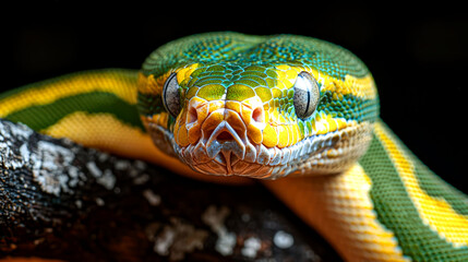 Fototapeta premium A green and yellow snake with blue eyes stares directly at the camera.