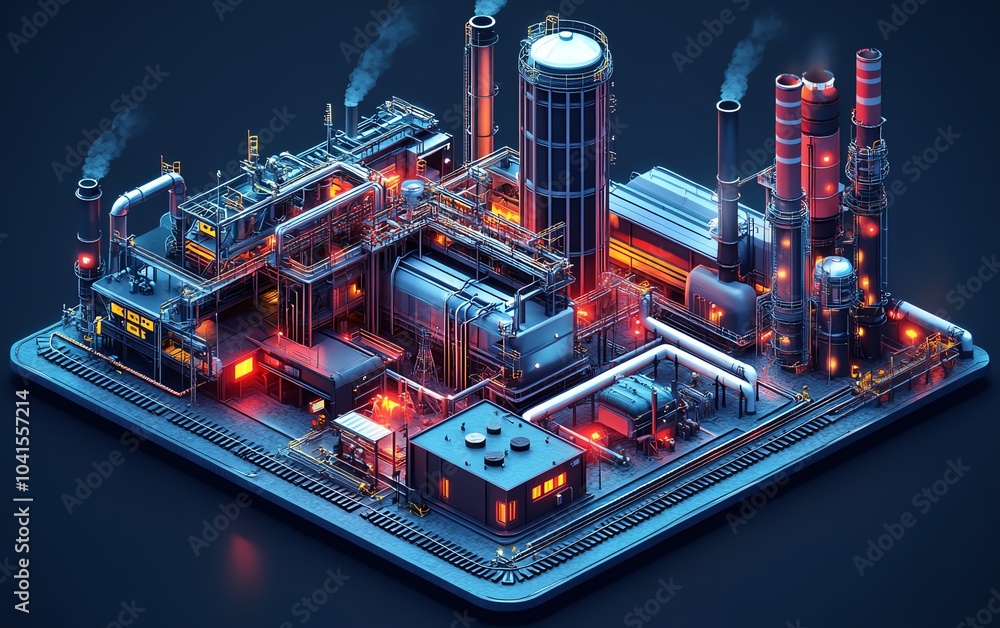Poster modern 3d isometric illustration showcasing industrial infrastructure, emphasizing a large factory c