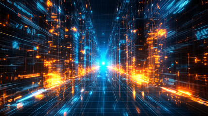 A futuristic city filled with bright lines of orange and blue lights, like the structure of the digital world. The many intersecting paths create a sense of infinity.