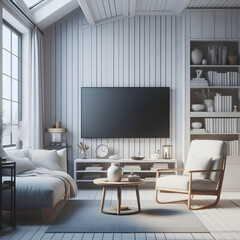 A living room with a white wall and a black flat screen TV
