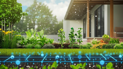 A smart irrigation system installed in a residential garden, with sensors monitoring soil moisture and automated sprinklers watering plants efficiently