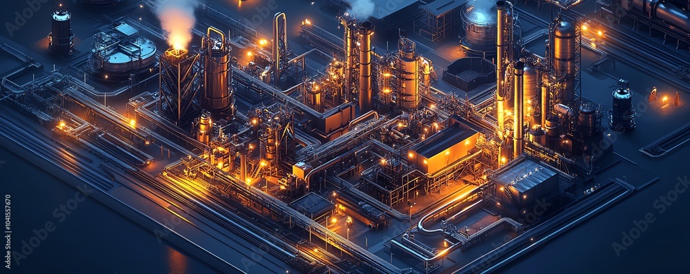 Poster realistic isometric 3d depiction of industrial infrastructure, featuring a factory complex with rail