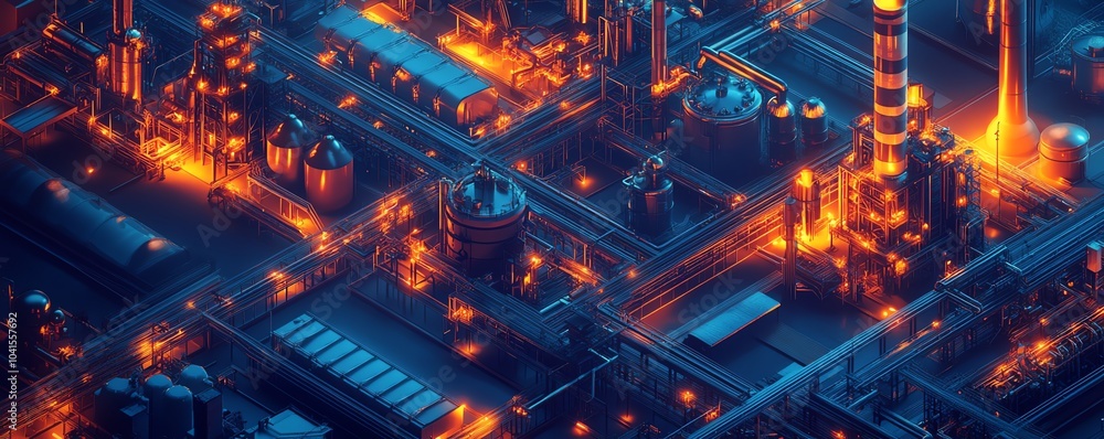 Poster Realistic isometric 3D depiction of industrial infrastructure, featuring a factory complex with railway connections and pipelines, all on a dark background
