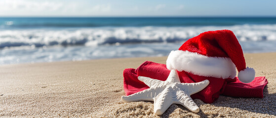 Santa hat, white flip flops, and red towel and white sea star on the beach, closeup, sunny day, copy space