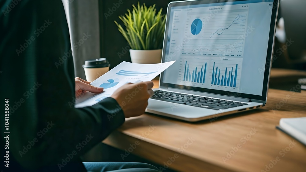Poster person analyzing graphs on papers with laptop displaying charts.