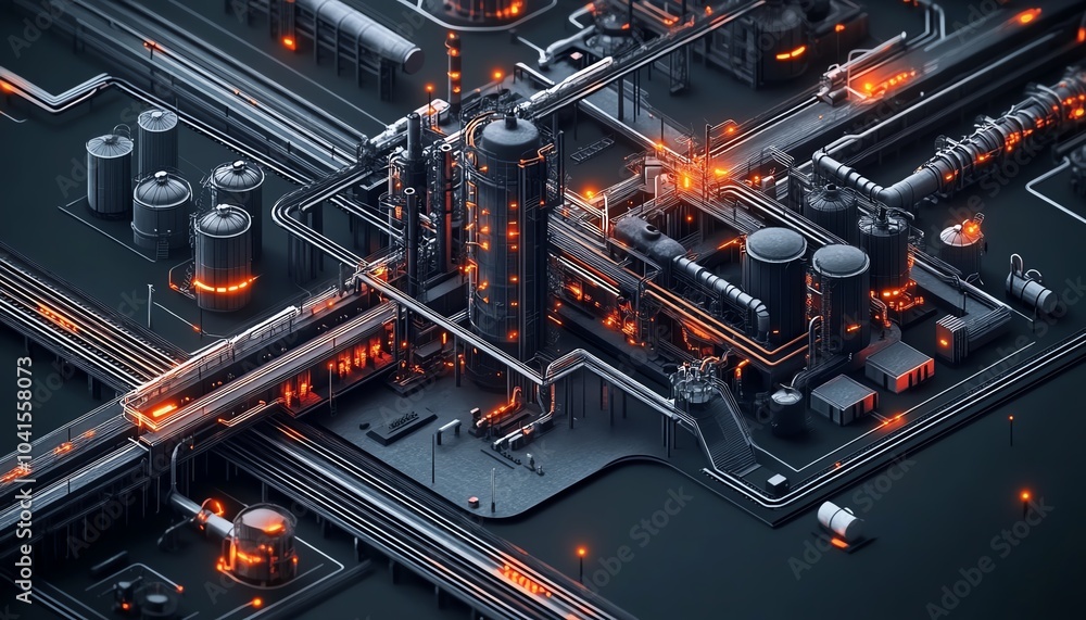 Aufkleber Stylized 3D illustration of industrial infrastructure in isometric perspective, showcasing a factory complex with railway and pipeline systems against a dark setting