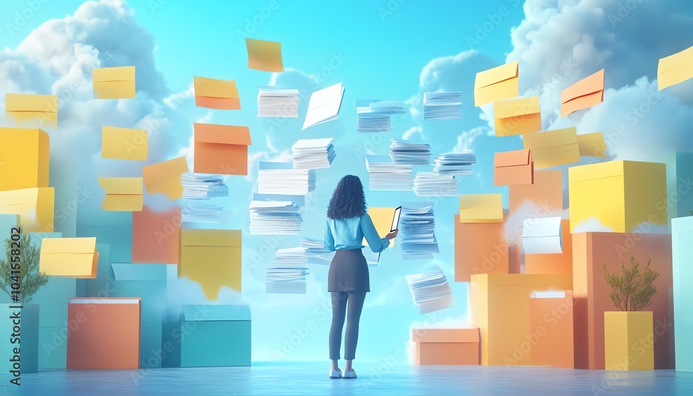 Poster 3d depiction of a businessman managing digital documents on a laptop, dynamic graphic elements, mode