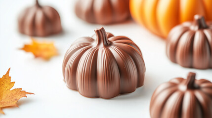 pumpkin chocolate, pumpkin-shaped dessert, Halloween dessert, chocolatier, halloween pumpkin isolated on white, chocolate candy on a white background
