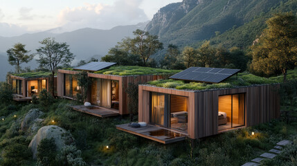 A sustainable accommodation in the heart of nature, showcasing a solar-powered eco-lodge with green rooftops, surrounded by untouched landscapes, promoting eco-conscious living