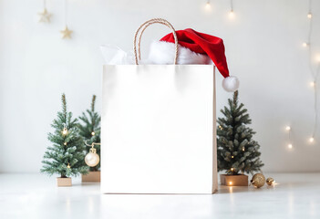Holiday Gift Bag with Santa Hat and Christmas Tree Background - Christmas Shopping, Holiday Decor, Winter Celebration
