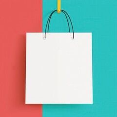 A simple white shopping bag suspended on a colorful background, perfect for showcasing products or branding.