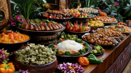 Fototapeta premium A table filled with various ethnic cuisines, featuring colorful dishes and ingredients that highlight the diversity of global food culture