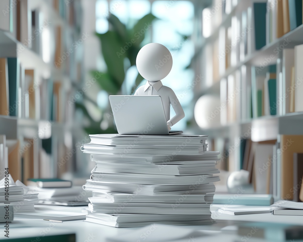 Poster 3d rendering of a businessman managing documents with a laptop, dynamic graphic elements, modern off