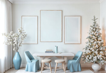 Modern Holiday Interior with Christmas Tree and Frame Mockups - Minimalist Christmas Decor, Festive Home Setting