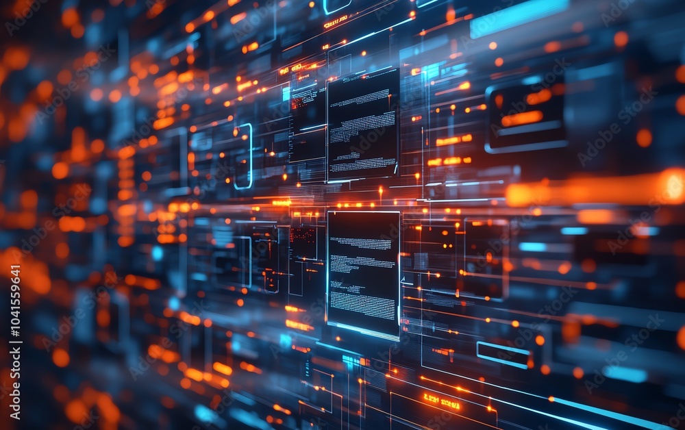 Aufkleber 3D rendering of digital document management system, virtual interface with files in the background, modern and efficient design, futuristic tech visuals
