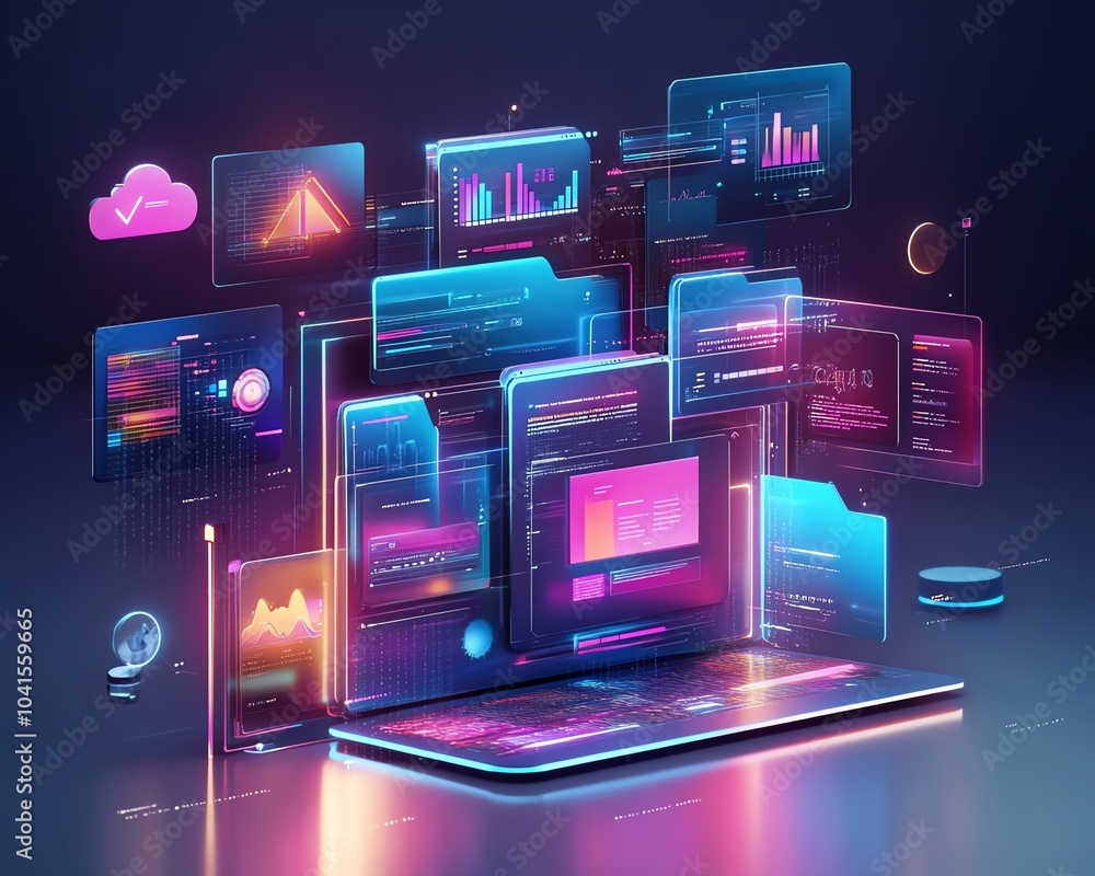 Poster 3D rendering of digital document management system, virtual interface with files in the background, modern and efficient design, futuristic tech visuals
