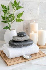 Tranquil spa arrangement featuring smooth stones, soft towels, candles, and green leaves for a serene atmosphere.