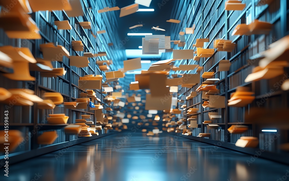 Fototapete 3D rendering of digital document management system, virtual interface with files in the background, modern and efficient design, futuristic tech visuals