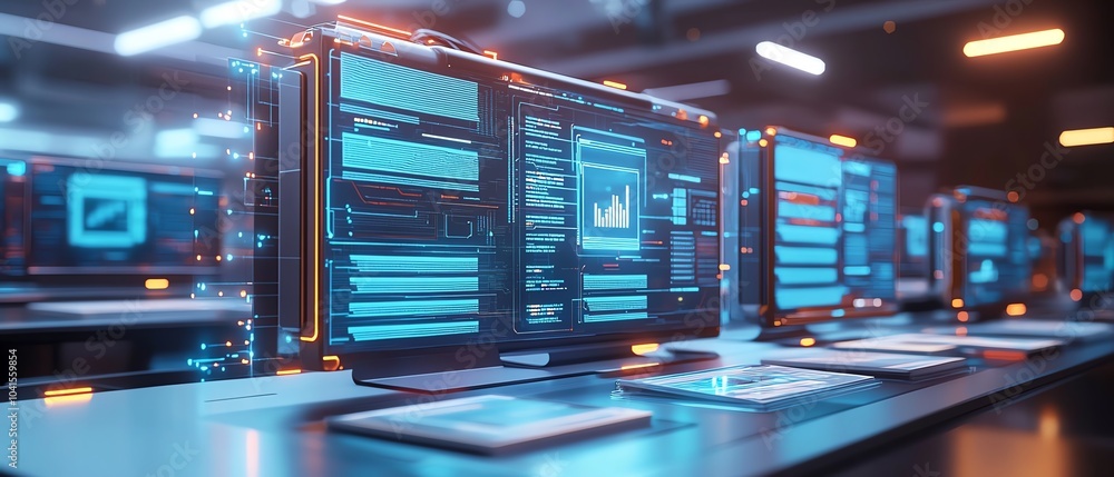 Poster 3D rendering of digital document management system, virtual interface with files in the background, modern and efficient design, futuristic tech visuals