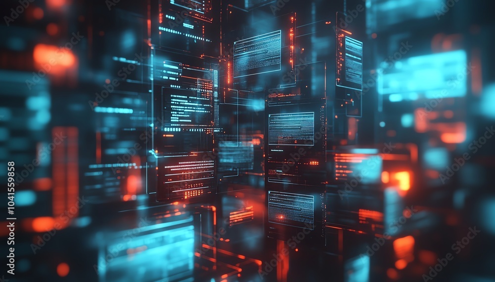 Poster 3D rendering of digital document management system, virtual interface with files in the background, modern and efficient design, futuristic tech visuals