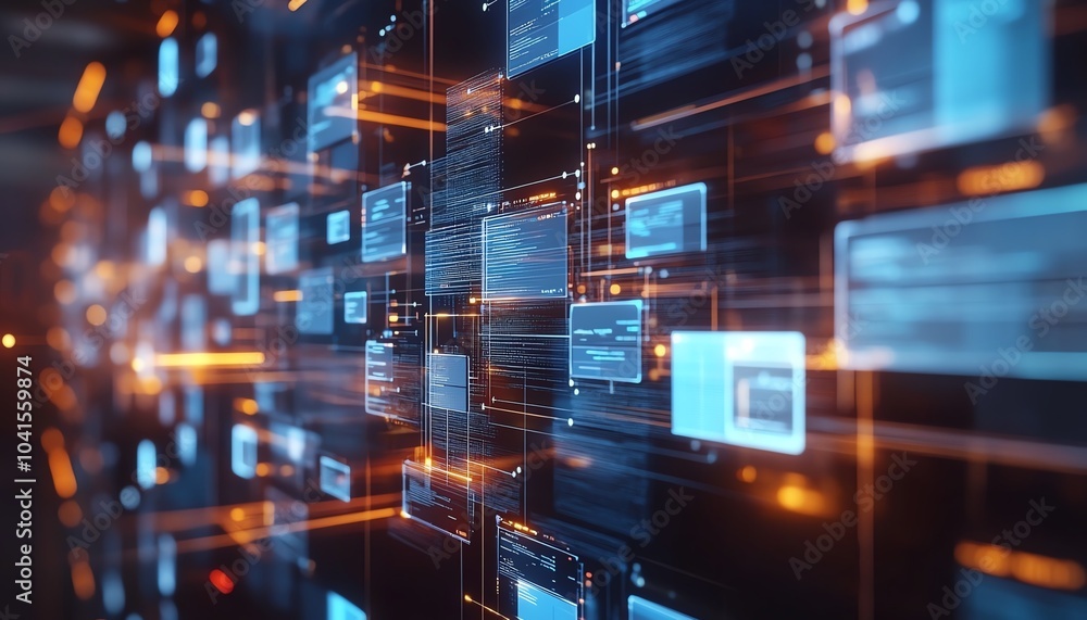 Poster 3D rendering of digital document management system, virtual interface with files in the background, modern and efficient design, futuristic tech visuals