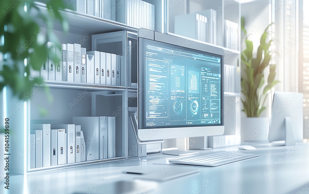 Poster 3D rendering of digital document management system, virtual interface with files in the background, modern and efficient design, futuristic tech visuals