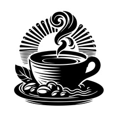 Charming Black & White a cup of Coffee on Silhouettes background design.
