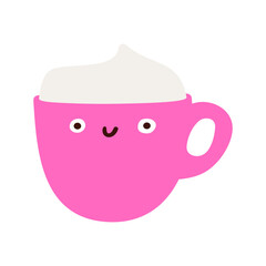 Pink cup of creamed coffee. Hand drawn illustration on white background.