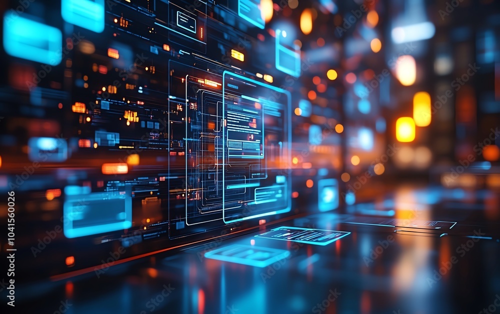 Poster 3D rendering of digital document management system, virtual interface with files in the background, modern and efficient design, futuristic tech visuals