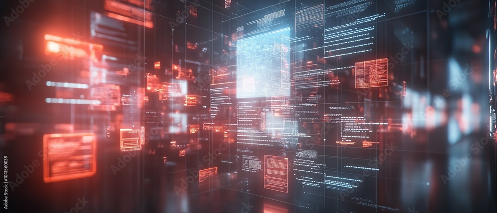 Poster 3D rendering of digital document management system, virtual interface with files in the background, modern and efficient design, futuristic tech visuals