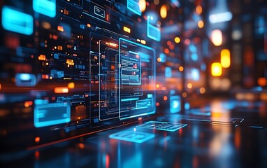 3D rendering of digital document management system, virtual interface with files in the background, modern and efficient design, futuristic tech visuals