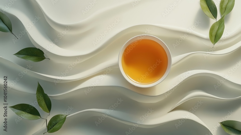 Poster A tea cup filled with warm tea is surrounded by smooth, flowing leaves, creating an inviting atmosphere for relaxation and enjoyment. Generative AI