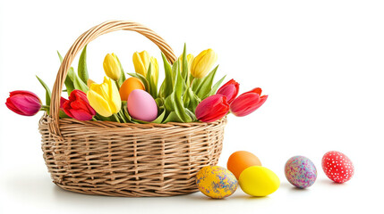 Easter basket with colorful eggs and tulips, isolated on a white background.

