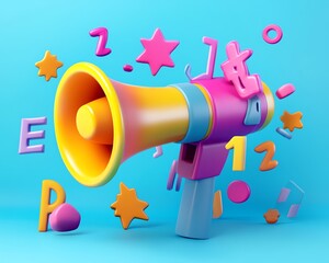 3D rendering of megaphone with sale announcement and large discount percentage symbol, vibrant colors, modern promotional style, dynamic design