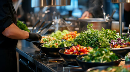 Obraz premium A vibrant display of plant-based dishes being prepared in a modern kitchen, highlighting fresh ingredients and healthy cooking techniques