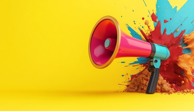 3D rendering of megaphone with sale announcement and large discount percentage symbol, vibrant colors, modern promotional style, dynamic design