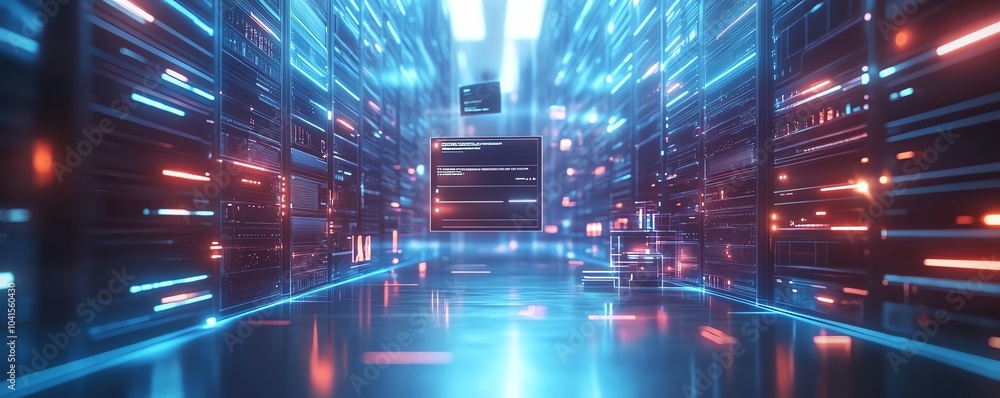 Poster 3D rendering of virtual interface for digital document management system, files organized in background, futuristic and clean design, hightech visuals