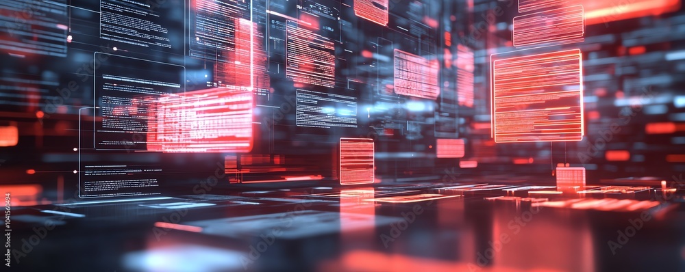 Aufkleber 3D rendering of virtual interface for digital document management system, files organized in background, futuristic and clean design, hightech visuals