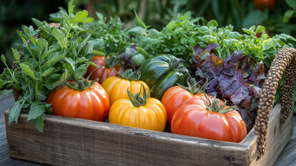 A vibrant farm-to-table offering showcasing fresh produce from a local market, including heirloom tomatoes, leafy greens, and organic herbs, displayed in a rustic basket