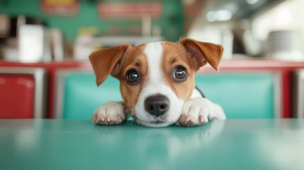 A cute puppy with large, expressive eyes peers over a diner booth table, capturing attention with...