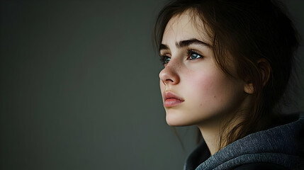 Thoughtful Woman with Freckles Looking Away,  Blue Eyes,  Portrait