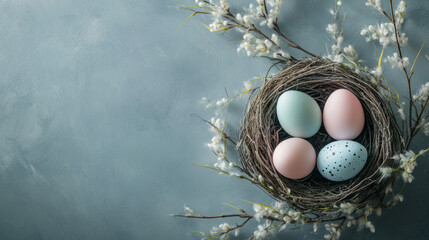 Easter eggs in a bird's nest with willow branches.